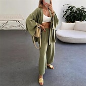 abordables Ensembles-Femmes Mode Streetwear Ensembles en coton et lin Ensembles deux pièces Ensembles de Pantalons Manche Courte Col en V Uni Tenue quotidienne Date Noir Vert Kaki Été Coupe régulière