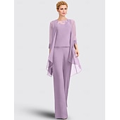 abordables Costumes-pantalons pour maman-Salopette  pantalon 3 pièces mère de la mariée invité au mariage formel élégant grande taille col bijou longueur de sol en chiffon dentelle sans manches avec appliques taille personnalisée gratuite