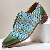 cheap Textured Weave Shoes-Men&#039;s Green and Blue Handwoven Oxford Shoes – Casual Artistic Lace-Up Shoes for Summer and Weekend Gatherings