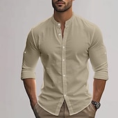 economico Casual da lavoro-Per uomo Camicia in cotone e lino Semplice Vacanza Nero Bianco Cachi Grigio scuro Manica Lunga Colletto alla coreana Abbigliamento