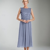 abordables Longueur du thé-Ligne A Robe de Mère de Mariée  Formel robe demoiselle d honneur Élégant Simple Minimaliste Col ras du cou Longueur thé Chiffon Sans manches avec Paillettes 2025