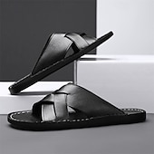 billige Ferietøfler-brune sandaler i imitert skinn med kryssrem – uformelle slip-on sandaler med slitesterk såle, perfekt for hverdagskomfort, ferie og utendørseventyr