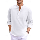 economico Vacanza-Per uomo Camicia camicia di lino Camicia con colletto a fascia Camicia popover Camicia estiva Abbigliamento mare Liscio Da mare Curise Nero Bianco Blu Manica lunga A fascia Primavera estate