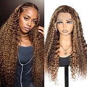 economico Parrucche lace front capelli veri-Parrucche frontali in pizzo con meches 13x4, onde profonde, 14-26 pollici, capelli umani, p4/27, parrucche brasiliane trasparenti con effetto ombré
