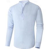 economico Vacanza-Per uomo Camicia camicia di lino Camicia con colletto a fascia Camicia popover Camicia estiva Abbigliamento mare Liscio Da mare Curise Nero Bianco Blu Manica lunga A fascia Primavera estate