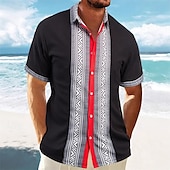 preiswerte Freizeithemden für Herren-Herren Hemd Waffelhemd Sommerhemd Freizeithemd Strandhemd Knopfhemd Schwarz Weiß Wein Grün Kaki Kurzarm Geometrisch Revers Urlaub Täglich Patchwork Bekleidung Mode Lässig