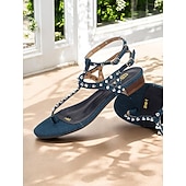 billige Ferietøfler-damersandaler med denim-pigger – flate sommersandaler med t-rem med ankelspenne, trendy fritidssko for tenåringer og unge kvinner, ideelt for ferier, strandturer og hverdagsantrekk