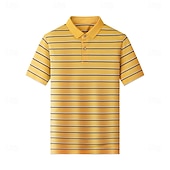 voordelige Heren Elite Polo-heren zijden mix zakelijk casual revers korte mouw kantoor oud geld stijl horizontale strepen knopen zomer geel roze blauw