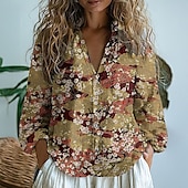 abordables Hauts de Vacances pour Femmes-Femmes Chemise Chemise en coton et lin Chemisier Fleur Élégant Moderne manche longue Col en V Hauts Réguliers Quotidien Fête Sortir Imprimé Jaune Vin Rouge bleu marine Bleu Été