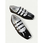 voordelige Platte damesschoenen-Rode Mary Jane-flats van lakleer uit de jaren 30 voor dames met drievoudige gespen – retro klassieke schoenen voor feestjes en dagelijks gebruik