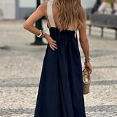 preiswerte Kleider aus Baumwolle und Leinen entwerfen-Damen Langes Kleid Maxikleid Baumwoll-Leinenkleid Mode Klassisch Täglich Ferien Ausgehen Normale Passform Farbblock Ärmellos V Ausschnitt Schwarz Weiß Sommer