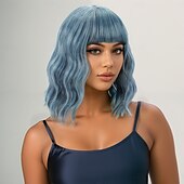 cheap Synthetic Trendy Wigs-Synthetic Wig Wavy Water Wave Layered Haircut Neat Bang Machine Made Wig 12 inch A1 Synthetic Hair Women&#039;s Classic Adorable Comfortable Blue