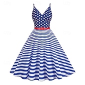  250º Aniversário EUA Meio-dia Vestidos Sem Mangas Nadador Bandeira dos EUA Decote V Fantasia Mulheres 250º Aniversário EUA 4 de julho Festa Adulto Vestido Verão