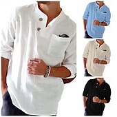 economico Classico-Per uomo Camicia Camicia di lino Camicia popover Camicia Estiva Abbigliamento da spiaggia Camicia button-down Tinta unica Vacanza Streetwear Nero Bianco Blu Cachi Manica Lunga Collo alla coreana