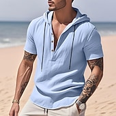 preiswerte Baumwoll-Leinenhemd-Herren Hemd Leinenhemd Popover-Hemd Freizeithemd Baumwollhemd Einfach Urlaub Straße Schwarz Weiß Gelb Marineblau Kurzarm Mit Kapuze Sommer Bekleidung Button-Down