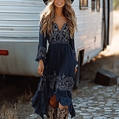 abordables Robes Bohémiennes-Femmes Robe Midi Robe bohème Robe occidentale Mode Classique Fête Sortir Week-end Coupe régulière Fleur manche longue Col en V Bleu de minuit Été