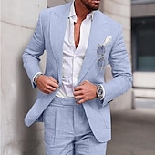abordables Costumes décontractés-Pour des hommes Mariage Plage Costumes en lin vert pois Bleu Ciel Couleur Unie Coupe sur mesure 2 pièces Simple boutonnage un bouton