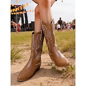 levne Cowboy &amp; Western Boots-Dámské hnědé kovbojské boty v bohémském westernovém stylu – klasické prošívání s blokovým podpatkem pro hudební festivaly, běžné nošení a outdoorové nošení