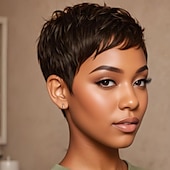 economico Parrucche di altissima qualità-Parrucche corte con taglio pixie, parrucche sintetiche per donne nere, parrucche corte, acconciature femminili