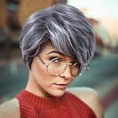 cheap Older Wigs-Short Fluffy Grey Wigs for Women Old Middle Age Women's Short Silver Wig Synthetic Short Curly Cosplay Hair Wig Grey Layered Messy Shaggy Synthetic Hair Wig for Women Old Lady