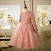 preiswerte Partykleider-Kinder Mädchen Kleid Partykleid Einfarbig Langarm Leistung Pailletten Netz Prinzessin Süß Netzstoff Knöchellang Etui-Kleid Tüllkleid Sommer Frühling Herbst Kinder Rosa Wein Khaki