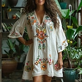 billiga Bohemklänningar-Dam Mini klänning Blommig klänning Boho-klänning Klänning med tryck Västerländsk klänning Klassisk Utomhus Semester Helgen Normal Blomma 3/4 ärm V-hals Vit Sommar