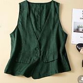 Χαμηλού Κόστους Βασικά Ψεύτικα Πουκάμισα-Γυναικεία Λινό από ψεύτικο βαμβάκι Τσέπη Κουμπιά Σκέτο Βασικό Καθημερινό Αμάνικο Λαιμόκοψη V Κανονικά μπλουζάκια Αργίες Εξόδου Μαύρο Πορτοκαλί Πράσινο του τριφυλλιού Χακί Μπεζ Καλοκαίρι