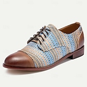 cheap Textured Weave Shoes-Men&#039;s Blue and Tan Woven Oxford Shoes – Retro Lace-Up Casual Shoes for Creative Professionals and Everyday Style