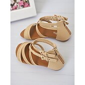 cheap Vacation Sandals-Women&#039;s Beige Gladiator-Style Braided Flat Sandals with Double Buckle Straps – Casual Boho Summer Shoes for Travel, Vacations, and Everyday Outfits