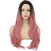 economico Parrucche trendy sintetiche-Parrucca riccia rosa per donna, parrucca lunga ondulata con riga centrale, parrucca sintetica resistente al calore in fibra per cosplay di Halloween