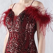 economico ROSSO-Abiti Quinceanera Mermaidi  Trumpet in Paillettes Elegante Abito Formale Semi Formale Matrimonio Lunghezza P_avimento Senza Maniche Scollo a V Tulle Volant con Piume
