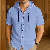 voordelige heren overhemd met knopen-Voor heren Overhemd met knopen Overhemd met capuchon Zwart Wit khaki Grijs Licht Blauw Korte mouw Effen / effen kleur Capuchon Vakantie Casual Capuchon Kleding Polyester Modieus
