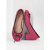 preiswerte 1950er Jahre-Rote Damen-Blockabsätze mit Punkten – Vintage-Pumps mit Schleife für Retro-Partys, Tanz und Outfits im Stil der 50er
