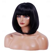 economico Parrucche trendy sintetiche-Parrucca rugelyss nera corta e liscia con frangia, 12 pollici, parrucche sintetiche per donne e ragazze con cuffia per parrucca