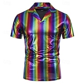 olcso Felsők-Retró 1980-as évek Póló POLO trikó Diszkó Fényes latex patent Fémes Szivárvány Jelmez Férfi Mindszentek napja Farsang Pride Parade Büszkeség hónapja Felnőttek Póló Nyár