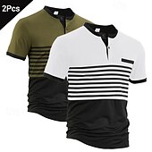 preiswerte Klassisches Poloshirt für Herren-Mehrfachpackungen 2St Herren Stehkragen Kurze Ärmel Weiß + Orange Polo mit Knopfleiste Golfshirt Golf Poloshirts Knöpfe Gestreift Urlaub Alltagskleidung Polyester Sommer