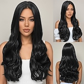 preiswerte Trendige synthetische Perücken-Synthetische Perücken Gewellt Lose Locken Stufenschnitt Tiefer Scheitel Maschinell hergestellt Perücke 24 Zoll A1 Synthetische Haare Damen Klassisch Bequem Hervorgehobenes / Balayage-Haar Schwarz