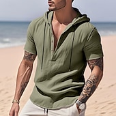preiswerte Baumwoll-Leinenhemd-Herren Hemd Leinenhemd Popover-Hemd Freizeithemd Baumwollhemd Einfach Urlaub Straße Schwarz Weiß Gelb Marineblau Kurzarm Mit Kapuze Sommer Bekleidung Button-Down