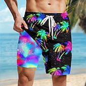 economico Piante e Fiori Tropicali-Per uomo Albero di Cocco Piante Tropicali Neon Pantaloncini foderati Pantaloncini da bagno 2 in 1 Pantaloncini da mare Misura del girovita medio Hawaiano Vacanza Tasche Laterali Con Fodera a