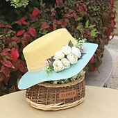 tanie Ochrona przeciwsłoneczna-szeroki rondo letniego kapelusza plażowego z wiązaniem z koronki kwiatowej, oddychający materiał papierowy, elegancki pastelowy wzór zapewniający ochronę przed słońcem na zewnątrz