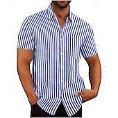 preiswerte Herrenhemd zum Knöpfen-Herren Hemd Sommerhemd Freizeithemd Strandhemd Knopfhemd Hellgrün Blau Leicht Blau Kurzarm Vertikale Streifen Revers Urlaub Hawaiianisch Bekleidung Polyester Mode Lässig Bequem Tasche