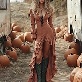 ieftine Rochii Boho-Pentru femei Rochii Midi Rochie Boho Rochie occidentală Modă Modern În aer liber Concediu Ieșire Fit regulat Simplu Manșon Lung În V Maroniu Vară