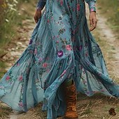 preiswerte Ausgefallene Kleider-Damen Langes Kleid Maxikleid Blumenkleid Boho-Kleid Westernkleid Elegant Mode Modern Outdoor Urlaub Täglich Normale Passform Blume Langarm V Ausschnitt Blau Sommer