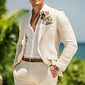 abordables Costumes de mariage-Costumes de mariage d&#039;été en lin pour hommes, blanc, bleu ciel, mode, demi-doublé, léger, couleur unie, coupe standard, 2 pièces, simple boutonnage, un bouton