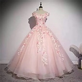 levne Plesové šaty-Kuličkový šaty A-line Quinceanera Elegantní šaty pro svatbu Svatební host Šaty k zemi bez rukávů Off Shoulder Polyester bez zad s květinovým potiskem a sklady