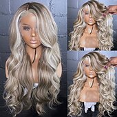 baratos Perucas de seda frontais de cabelo natural-Cabelo brasileiro cru remy ondulado com mechas loiras acinzentadas sem cola 5x5 fechamento de renda sem cola perucas coloridas 13x4 peruca frontal de renda pré-arrancada para mulheres