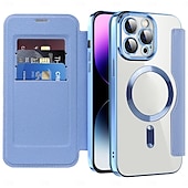 abordables Coques iPhone-Coque de téléphone MagSafe avec dos transparent et fente pour carte – couvercle rétro cuir PU pour iPhone 16e 16 15 Pro Max Plus 14 13 12 11