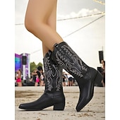 levne Cowboy &amp; Western Boots-Dámské hnědé kovbojské boty v bohémském westernovém stylu – klasické prošívání s blokovým podpatkem pro hudební festivaly, běžné nošení a outdoorové nošení