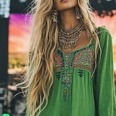 abordables Robes Bohémiennes-Femmes Mini Robe Robe bohème Robe occidentale Mode Moderne Quotidien Fête Sortir Coupe régulière Fleur manche longue Col carré Vert Été