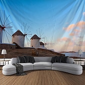 billiga Ocean Beach Gobeläng-Landskap Strand Vindkraftturbiner Tapestry Stor Tapestry Mural Dekor Fotobakgrund Filt Gardin Hem Sovrum Vardagsrum Dekoration